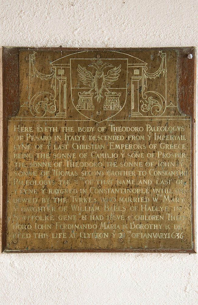 Job: CHCT series - Landulph Church Caption: The church is well known as the resting place of Theodore Paleologus a descendent of the rulers of the once mighty Byzantine Christian Empire. Theodore died at the home of Sir Nicholas Lower of Clifton, Landulph in 1636, and was interred in the church. His brass memorial plaque can be seen in the chancel and was of great interest to a large contingent of visitors from the Greek Orthodox church who visited the church in 2007 and celebrated vespers in his honour.